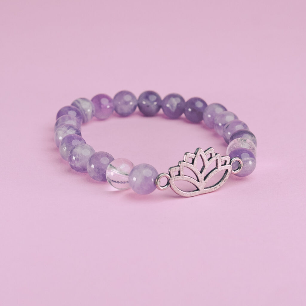 Pulsera amatista-cuarzo cristal con loto 8mm