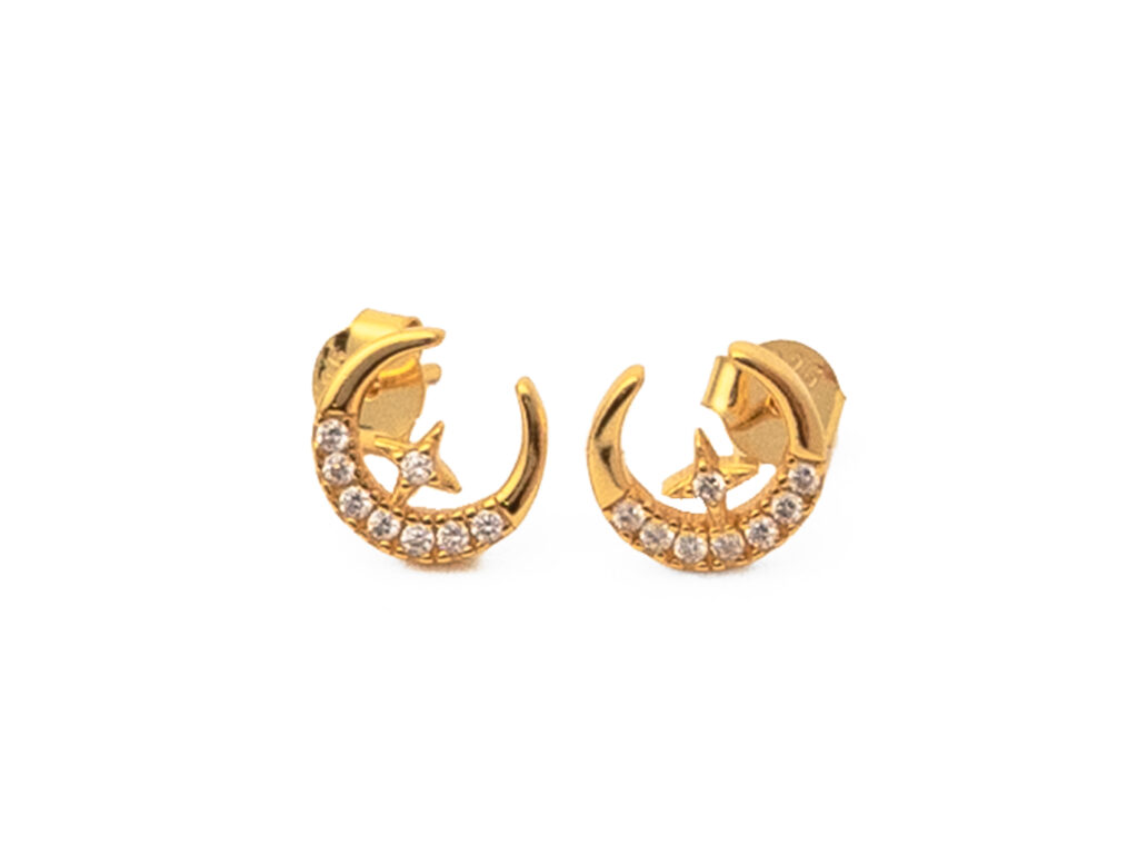 pendientes luna chapada en oro 18k y circonitas