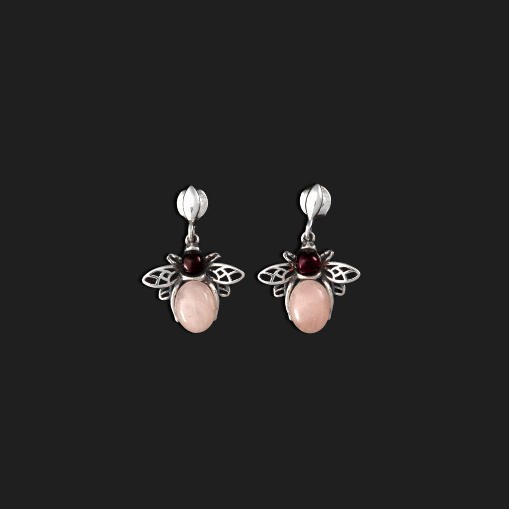 pendientes abeja cuarzo rosa y granate