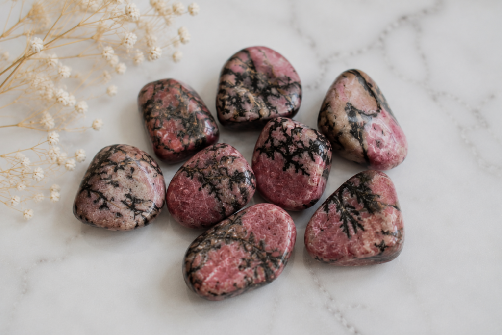 Piedras para el amor: rodados de rodonita natural en primer plano sobre fondo blanco