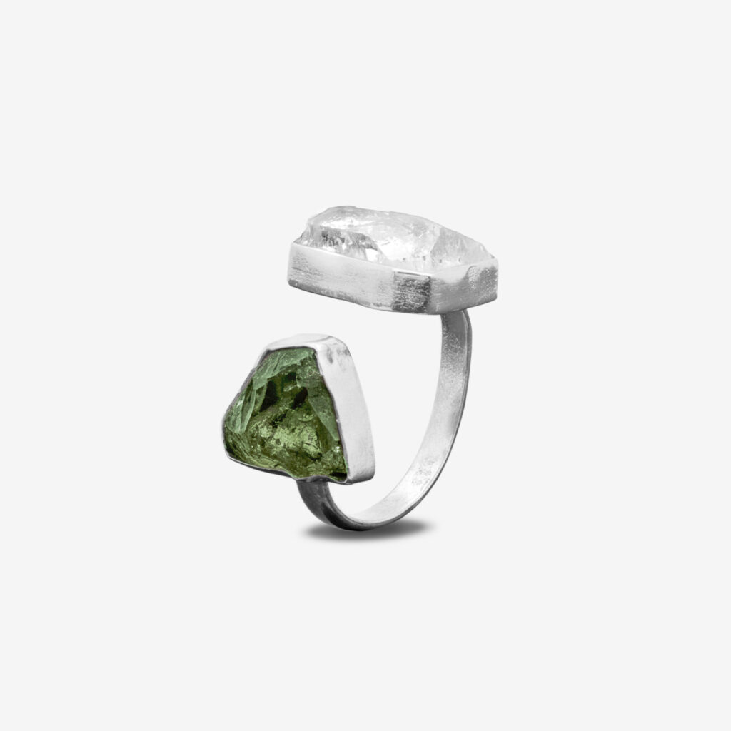 Anillo moldavita y diamante herkimer ajustable